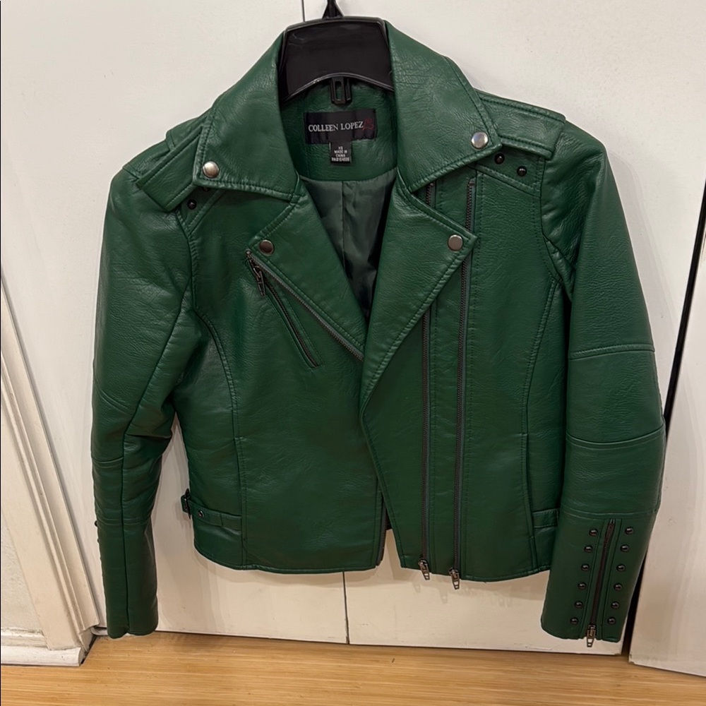 Women's Studded Moto Green Leather Jacket